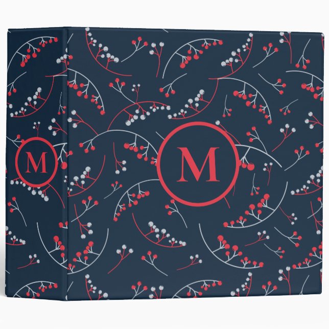Stylish monogram red dark blue berry pattern 3 ring binder (Front/Spine)