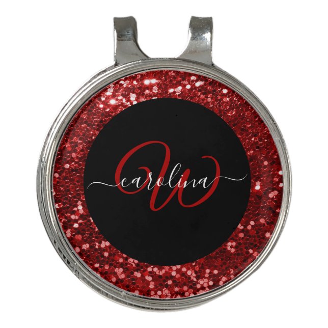 Stylish monogram red glitter name black golf hat clip (Front)