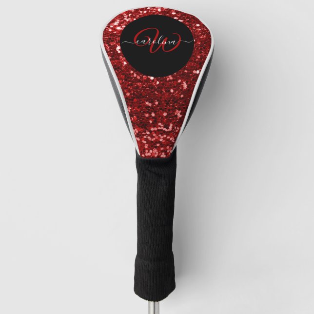 Stylish monogram red glitter name black golf head cover (Front)