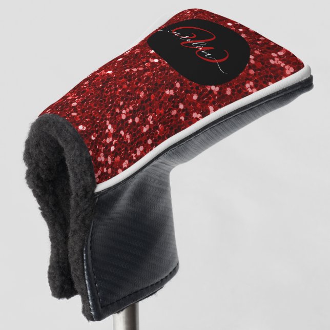 Stylish monogram red glitter name black golf head cover (3/4 Front)