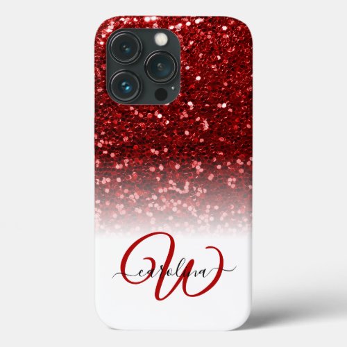 Stylish monogram red glitter name white iPhone 13 pro case