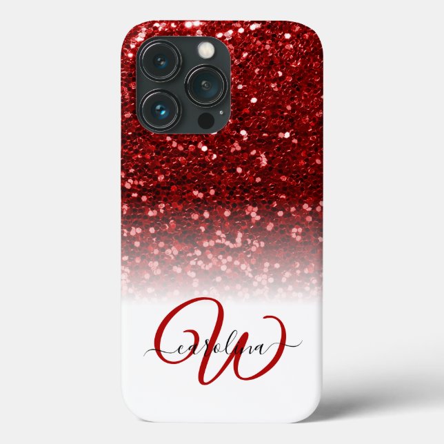 Stylish monogram red glitter name white Case-Mate iPhone case (Back)