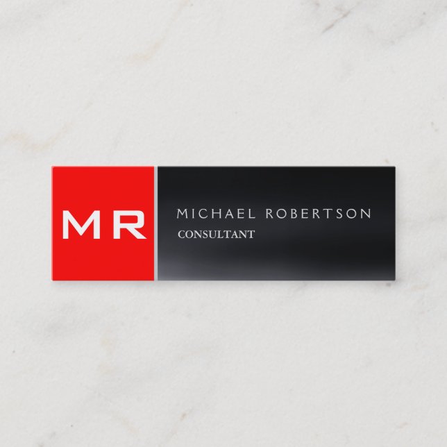 Stylish monogram red grey modern mini business card (Front)