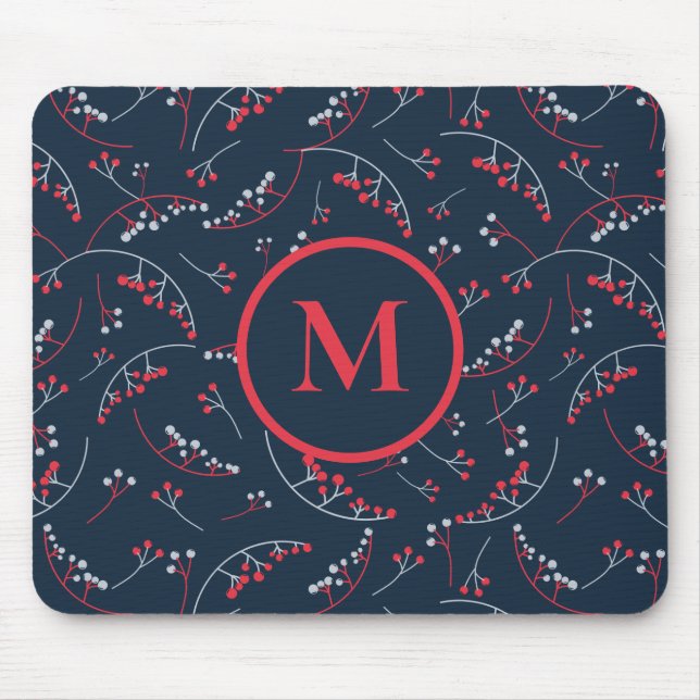 Stylish monogram red navy blue berry pattern mouse pad (Front)