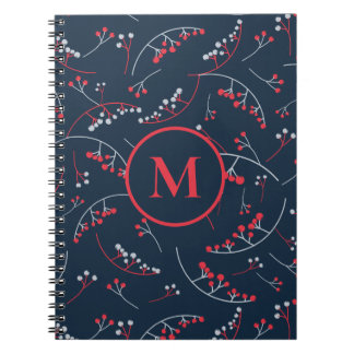 Stylish monogram red navy blue berry pattern notebook