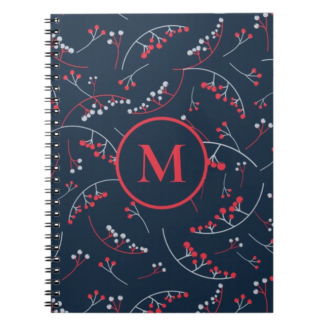 Stylish monogram red navy blue berry pattern notebook (Front)