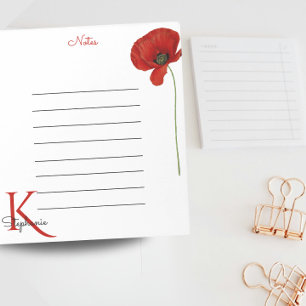 Stylish Monogram Red Poppy Notes