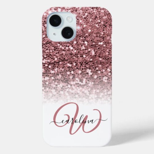 Stylish monogram rose glitter name white iPhone 15 case