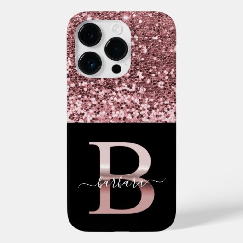 Stylish monogram rose gold B on black name glitter Case_Mate iPhone 14 Pro Case