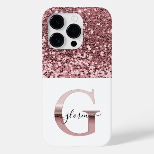 Stylish monogram rose gold G on white name glitter Case_Mate iPhone 14 Pro Case