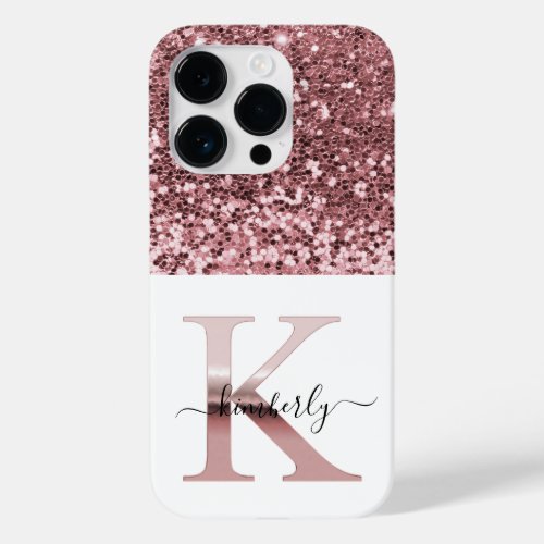 Stylish monogram rose gold K on white name glitter Case_Mate iPhone 14 Pro Case