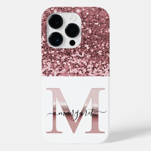 Stylish monogram rose gold M on white name glitter Case_Mate iPhone 14 Pro Case