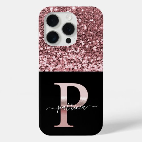 Stylish monogram rose gold P on black name glitter iPhone 15 Pro Case