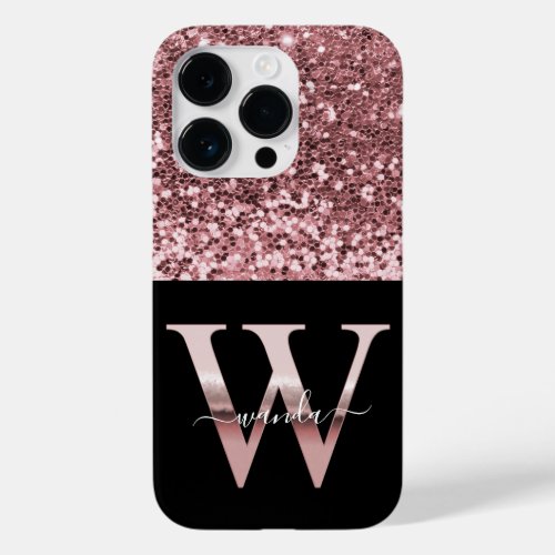 Stylish monogram rose gold W on black name glitter Case_Mate iPhone 14 Pro Case