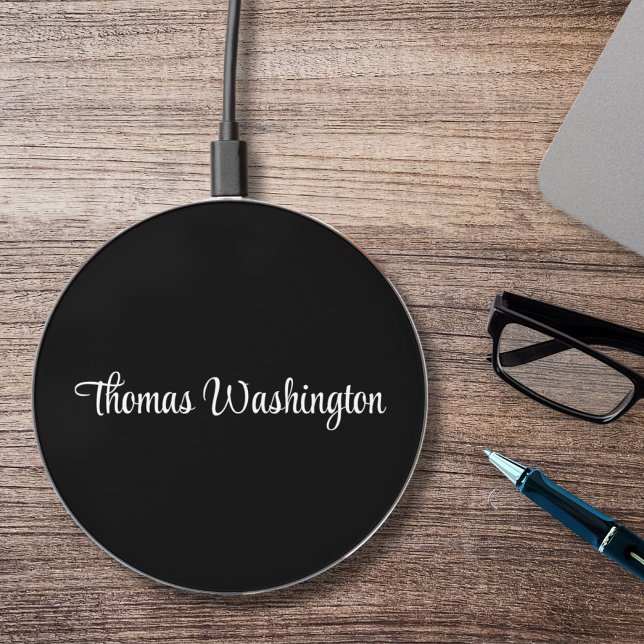Stylish Monogram Script Black Wireless Charger (Creator Uploaded)