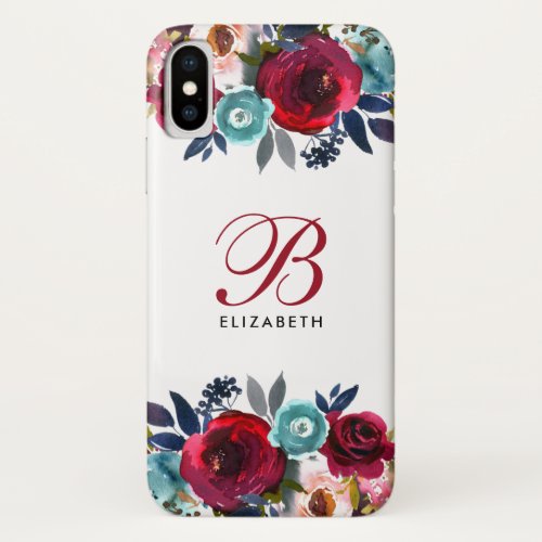 Stylish Monogram Script Elegant Floral Watercolor iPhone X Case