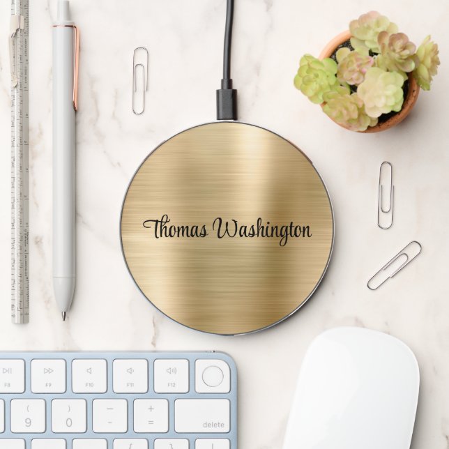 Stylish Monogram Script Gold Wireless Charger (Desk)
