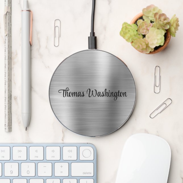Stylish Monogram Script Silver Wireless Charger (Desk)