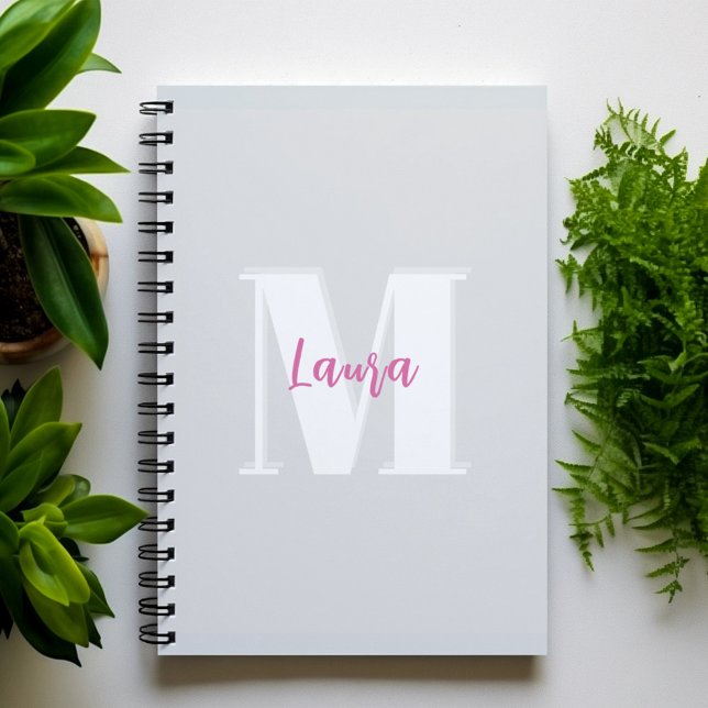 Stylish Monogram Simple Calligraphy Typography Notebook (Pink and grey monogrammed notebook,)