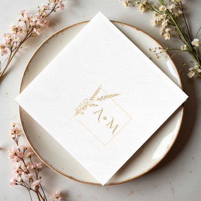 Stylish monogram square floral frame foil napkins (Creator Uploaded)