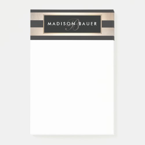 Stylish Monogram Striped Black and Gold Post_it Notes