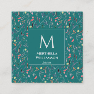 Stylish MONOGRAM Teal Blue Floral Square Business Card