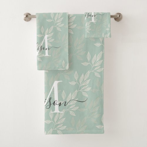 Stylish Monogram Teal Botanical Leaves Feminine Bath Towel Set