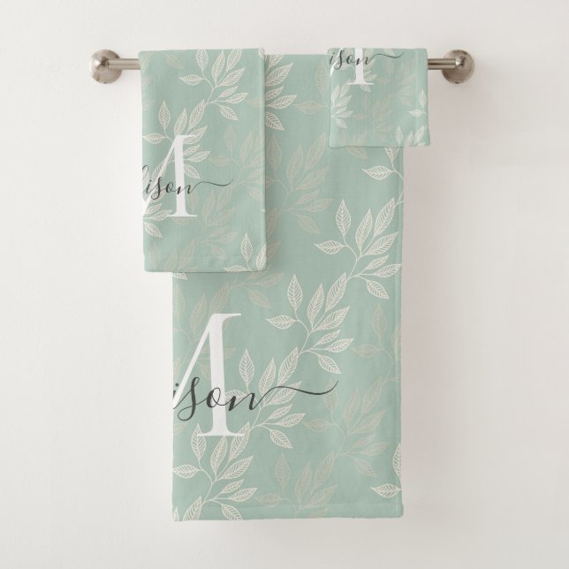 Stylish Monogram Teal Botanical Leaves Feminine Bath Towel Set (Insitu)