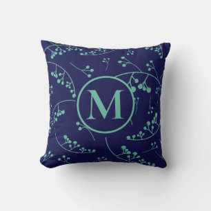 Stylish monogram teal green blue berry pattern throw pillow