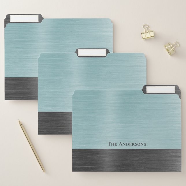 Stylish Monogram Teal Grey Metallic File Folder (Set)