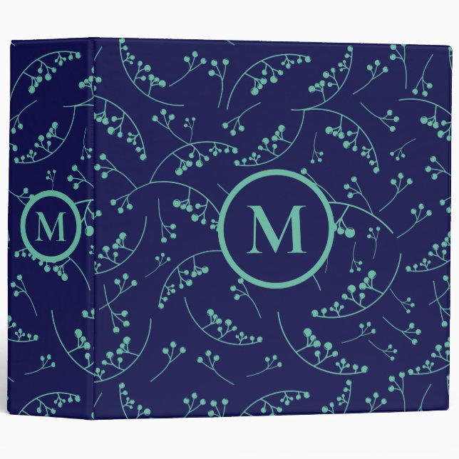 Stylish monogram teal turquoise berry pattern 3 ring binder (Front/Spine)