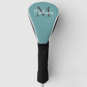 Stylish Monogram Teal White Script Personalized Golf Head Cover