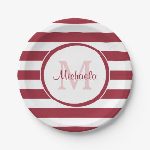 Stylish Monogram Thick Chili Pepper Red Stripes Paper Plates