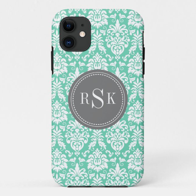 Stylish Monogram Trio Mint Damask Case-Mate iPhone Case (Back)