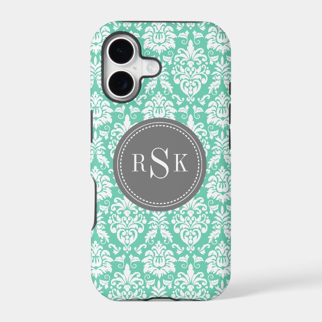 Stylish Monogram Trio Mint Damask Iphone Case (Back)
