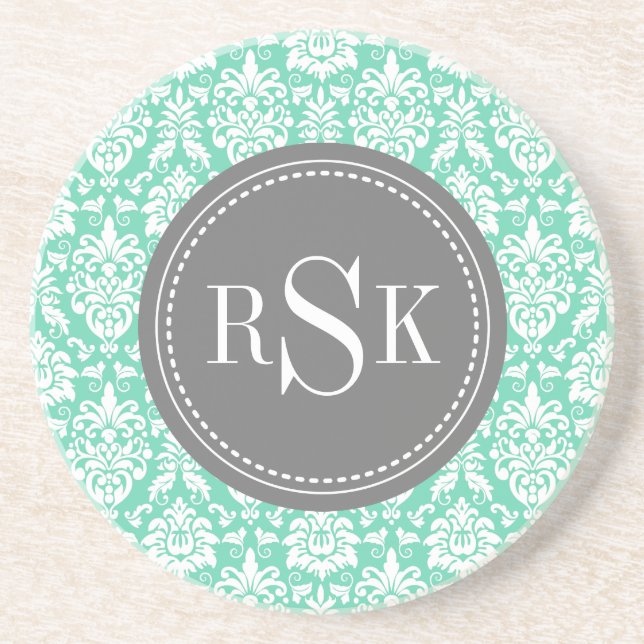 Stylish Monogram Trio Mint Damask Sandstone Coaster (Front)