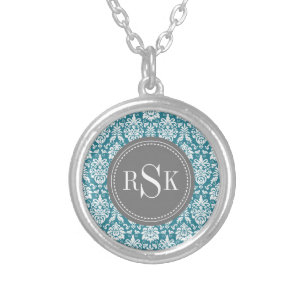 Stylish Monogram Trio Teal Damask Silver Plated Necklace