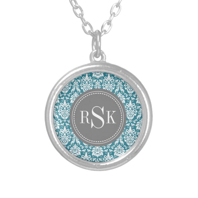 Stylish Monogram Trio Teal Damask Silver Plated Necklace (Front)