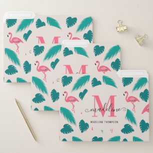 Stylish Monogram Tropical Leaves Hot Pink Flamingo File Folder