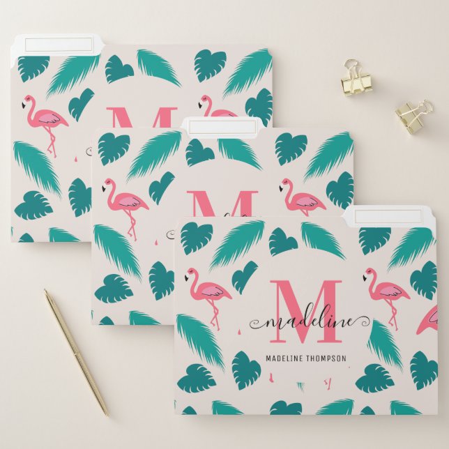 Stylish Monogram Tropical Leaves Hot Pink Flamingo File Folder (Set)