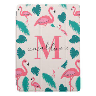 Stylish Monogram Tropical Leaves Hot Pink Flamingo iPad Pro Cover