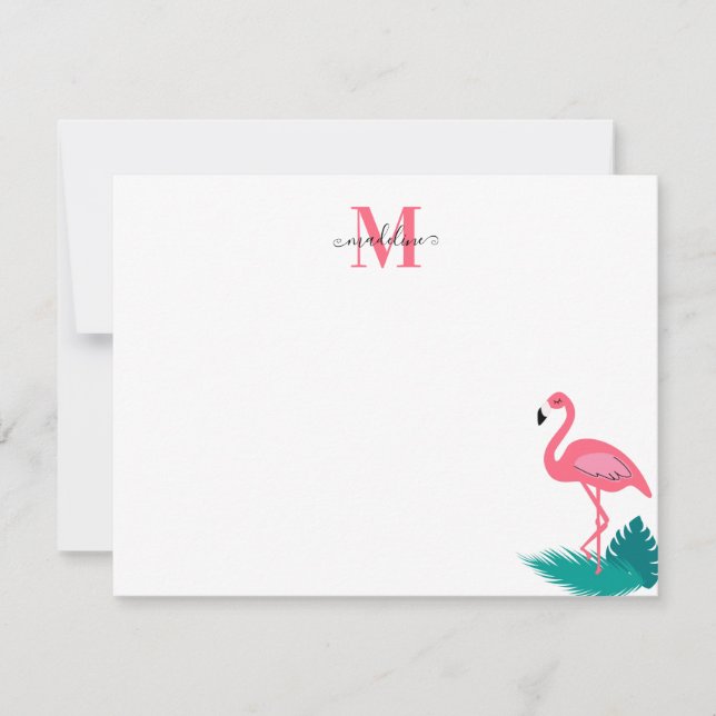Stylish Monogram Tropical Leaves Hot Pink Flamingo Note Card (Front)