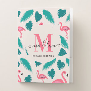 Stylish Monogram Tropical Leaves Hot Pink Flamingo Pocket Folder