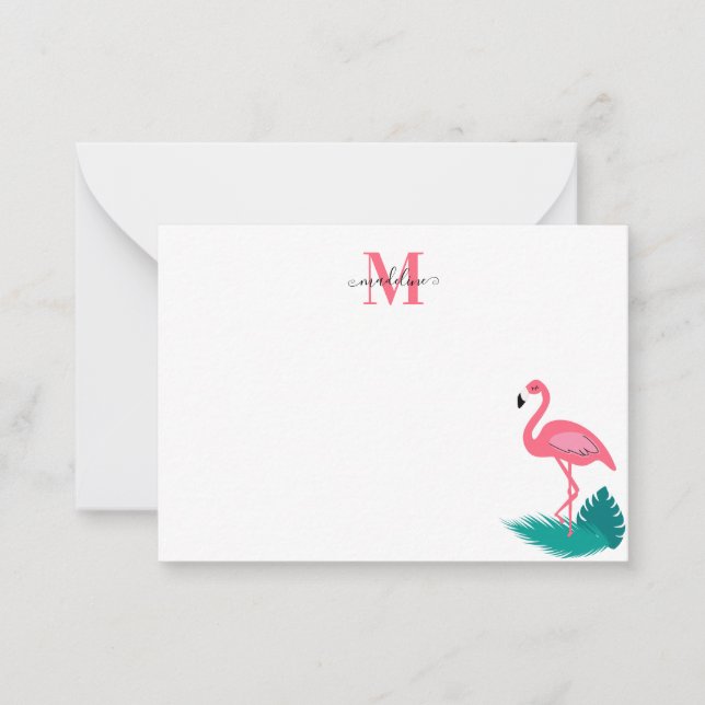 Stylish Monogram Tropical Leaves Pink Flamingo 2 Note Card (Front)