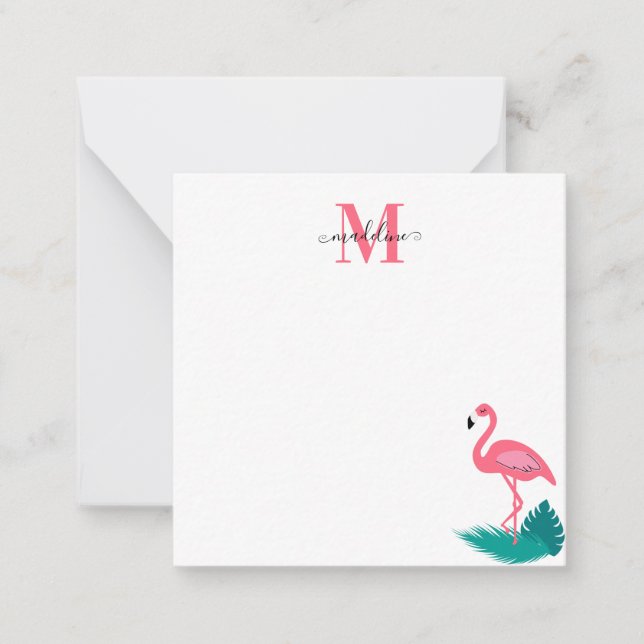 Stylish Monogram Tropical Pink Flamingo Square 2 Note Card (Front)