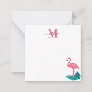 Stylish Monogram Tropical Pink Flamingo Square 2 Note Card