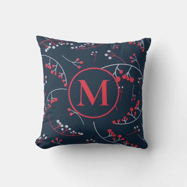 Stylish monogram vibrant red blue berry pattern throw pillow (Front)