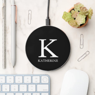 Stylish monogram white black name letter elegant wireless charger 