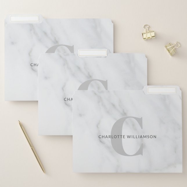 Stylish Monogram White Gray Marble Home Office File Folder (Set)