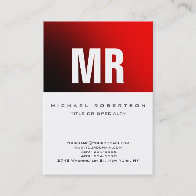 Stylish Monogram White Red Business Card (Front)